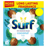 Surf - Laundry Powder Coconut 10 Washes, 500g: features a tropical coconut scent with coconut images and green leaves, and highlights long-lasting fragrance, powerful stain removal, and a concentrated formula.